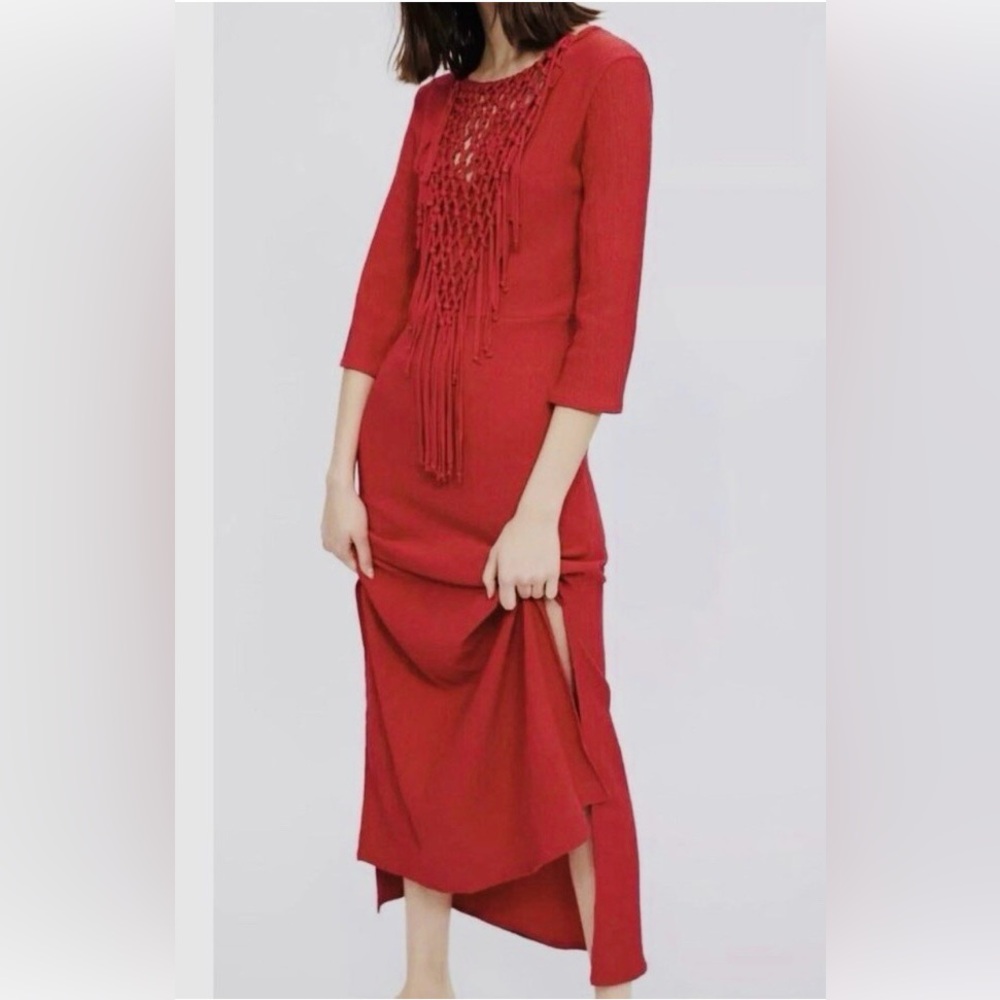 NWT Zara Long Sleeve Fringe Knit Midi Dress - Picture 8 of 12